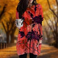 New In Autumn Oil Painting of Coconut Tree Print Plus Size Dress Women O'neck Long Sleeves Casual Pocket Dresses 8XL geltona