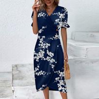 Paplūdimio suknelės moterims Pavasarį Vasarą Elegantiška apvyniojama V kakleliu gėlėta Boho suknelė Flowy Ruched Havajų Maxi L mėlyna