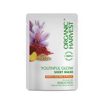 Sheet Mask for Skin Rejuvenation Saffron, Oat Milk and Peach (20 g), Youthful Glow Sheet Mask Saffron, Oat Milk & Peach, Organic Harvest white