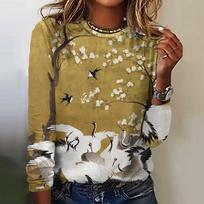 Harajuku Women's T-Shirt Mount Fuji Print Long Sleeve Top Casual Streetwear Loose Sweatshirt Women's Crew Neck Long Sleeve S brown