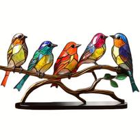 Vibrant Multicolor Hummingbird Art Sculpture - Handcrafted Stained Metal Desktop Ornaments - Unique Branch Design, Colorful Birds Perfect Gift Idea 5 Birds