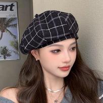 Vintage plaid beret hat for autumn winter casual artist hat for women simple woolen beret hat One size juoda
