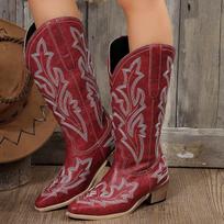 Embroidery Cowboy Boots For Women Knee High Med Calf Vintage Western Cowgirl Boots Women Heeled Casual Shoes Autumn Block Heel 37 gray