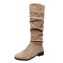 2024 2024 new High Quality Pleated Boots Women Black Nude Faux Suede Flock Knee High Boots Ladies Flat Autumn Winter Dress Shoe 43 35