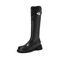 Krazing Pot PU Autumn Winter Shoes Riding Boots Round Toe Keep Warm Zipper Silver Metal Buckle Size 43 Handsome Knee Boots 34 juoda