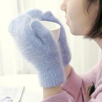 Women Winter Warm Gloves Elastic Full Finger Mittens Soft Rabbit Fur Thermal Plush Knitted Riding Gloves One Size šviesiai mėlyna spalva