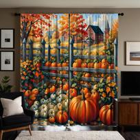 2pcs HD Harvest Festival Pumpkin Hut Maple Forest decorative curtain Yellow tie digital printed curtain Home Decoration style W52H63inchW132H160cm orange