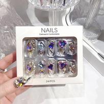 24pcs Handmade Ice Transparent Glossy Long Almond Fake Nails with Heart Rhinestone Design, Full Cover Sparkling Glue On Nails for Women Girls