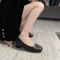 Madingi Elegantiški Moteriški Biuro Bateliai Karvės Odos Aukštakulniai Moteriai Vidutinio Aukščio Kulnas Mary Janes Metalinio Mygtuko Mokasinai Femme Kvadratinis Pirštas Batai 35 juoda