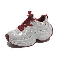 Fashion Luxurious Rhinestone Women's Sneakers 2024 Autumn Comfortable and Breathable Dad Shoes Chunky Heel Platform Ladies Casual Shoes 35 raudona