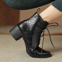 Krazing Pot Cow Skin Winter Round Toe Chunky Heels Fashion Boots Women Lace Up Retro Elegant Women Ankle Boots 34 juoda