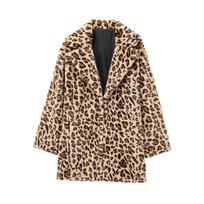 Laisvi leopardo rašto dirbtiniai kailiniai paltai moteriški vintažiniai atvartai Kailiai kišenė stora rudens žiemos mada moteriškas paltas M beige