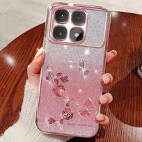 Phone Case For XiaoMi 14T 5G, Mi 14T Pro 5G Flash Pink Flower Transparent Shock Protection Luxury Diamond Shining Protective Cover XiaoMi 14T 5G rožinė