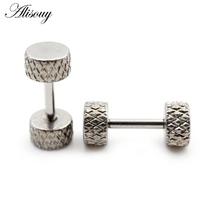 Alisouy 2pcs Machine Carving Cylinder Stainless Steel Men Women Barbell Dumbbell Ear Stud Earrings Tragus Helix Piercing Jewelry sidabras