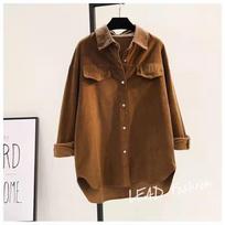 Avocado Green Mid-length Corduroy Shirt Women's Spring and Autumn Thickened Double-pocket Shirt Jacket Cardigan XS kava