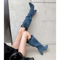 Krazing Pot Denim Autumn Winter Shoes Square Toe Big Size 42 Thick High Heels Slip on Boots Women Belt Buckle Thigh High Boots 34 mėlyna