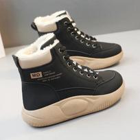 Moteriški medvilniniai batai Žieminiai Nauji Aukštakulniai Moteriški pliušiniai Šilti Studentų Ankle Boots Storu padu su raišteliais Aukštį didinantys Batai 35 juoda