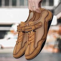 Men Shoes Mesh Cowboy Leather Soft Sole Breathable Sneakers New Casual Dermis Anti-Silp Outdoor Walking Sport Shoes Zapatillas 38 šviesiai ruda spalva