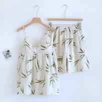 Summer New Women's Two-piece Set 100% Cotton Crepe Pajamas with Breast Pads, Sweet and Cute for Home M