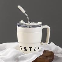 Wake Up Coffee Cup Handle Straw Cup Stainless Steel Coffee Cup Thermos Cup Men's and Women's Water Cups Office Mugs 480ml