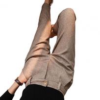 Women Versatile Work Pants Stylish High-waisted Women's Pants for Autumn Winter with Button Zipper Fly Herringbone Woolen Fabric S chaki