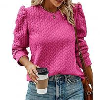 Women Autumn Winter Solid Color Sweatshirt O-neck Puff Long Sleeve Twist Texture Loose Fit Pullover Tops Streetwear S rožinė raudona spalva