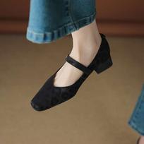 Krazing Pot Sheep Skin Summer Spring Autumn Med Heels Buckle Straps Women Leopard Patterns Square Toe Shallow Pumps 35 juoda