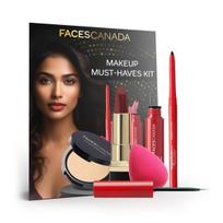 FACESCANADA Makiažo Būtiniausių Rinkinys - Kajalas (0.35G) + Lūpdažis (4.2G) + Kompaktiškas (9G) + Akių apvadas (3.5ml) + Grožio kempinėlės | 5 vnt. pakuotė black