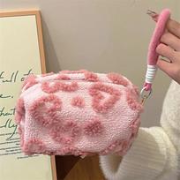 Plush Makeup Bags with Handle Soft Travel Cosmetic Storage Bag Portable Love Print Organizer Pencil Case Cute Clutch Pouch rožinė