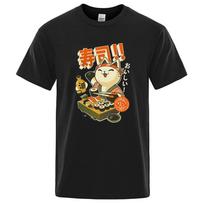 sushi Chef Cat Cartoons Homens Tshirt Oversized Loose Clothes Street Cotton T Shirts Moda Camisetas Casual Brand Tshirt S juoda
