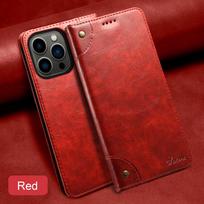 Apverčiamas odinis piniginės telefono dėklas iPhone 16 15 Pro Max 16E 14 Plus 11 12 13 Mini su magnetiniu kortelių laikikliu, LS055 iPhone 15 red
