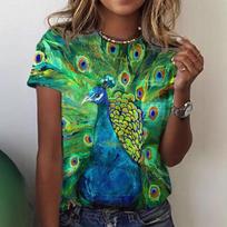 Summer Round Neck 3D Peacock Pattern Printed Top Fashionable Casual Short Sleeved Women's T-shirts S