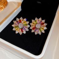 Gold Electroplated Silver Needle Dopamine Zircon Flower Earrings - Elegant Design, High-End Style brown