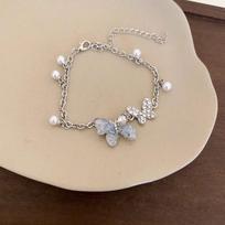 Ice Crystal Gradient Blue Butterfly Bracelet with Pearls - Exquisite Luxury Jewelry for Girls