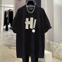 New Summer Korean Style Hong Kong Style Design Letter Trendy Large Version Loose Gray Short-sleeved T-shirt for Women Mid-length M