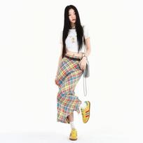 Retro High Waist Slimming Dopamine Color Plaid A-line Skirt S gray