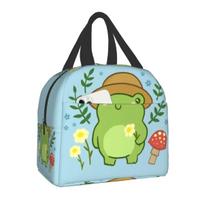 Cute Frog With Hat Mushroom Kawaii Aesthetic Cottagecore Insulated Lunch Bag for Women Leakproof Cooler Thermal Lunch Tote 22x20x13CM smėlis