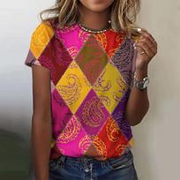 Summer Round Neck 3D Diamond Grid Pattern Print Top Fashionable Casual Short Sleeved Women's T-shirts XS