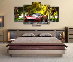 Raudonas prabangus sportinis automobilis miške 5 skydų drobė paveikslėlis Spausdinti siena Meno drobė Tapyba Sienų dekoras gyvenamajam kambariui be rėmelių 20x35cm*2  20x45cm*2  20x55cm*1
