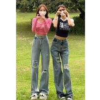 2025 Women's Spring/Summer Contrast Slim Straight High-Waist Wide-Leg Jeans S šviesiai mėlyna spalva