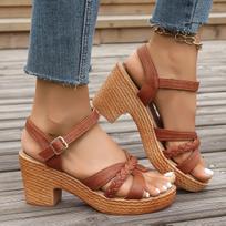 Camel Thick High Heels Sandals Women Summer 2025 Buckle Strap Platform Sandles Woman Woven Cross Band Gladiator Sandalias Mujer 36 ruda