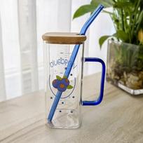 350ml Stiklinis kvadratinis puodelis su skale, dangteliu ir šiaudeliu, pusryčių pieno puodelis, skaidrus, vakarėliams, alui, kavai, gėrimams, stiklas 301-400ml