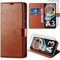 Case for Xiaomi Redmi A3 - EFCONNECTION - PU Leather Case - Shockproof Protection - Brown with 2 Tempered Glass