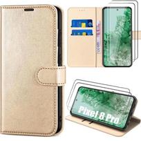 Case for Google Pixel 8 Pro with 2 Tempered Glasses, Flip Case Synthetic Leather Anti-Scratch - Gold