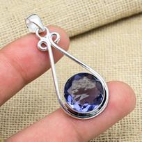 Iolite Gemstone 925 Solid Sterling Silver Handmade Antique Jewelry Gift For Mother Pendant 1.88 Inches mėlyna