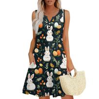 Women's Casual Easter Print V-Neck Button Side Pocket Vest Dress L juoda