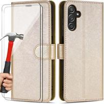 Protective Case - BOOLING - for Samsung A14 - Leather Effect - Magnetic Closure - Gold - with 2 Tempered Glasses auksas