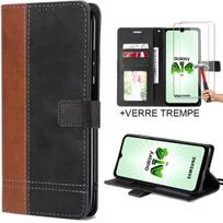 Case for Samsung Galaxy A14 4G/5G with 2 Tempered Glasses, Full Shockproof Synthetic Leather Black-Brown