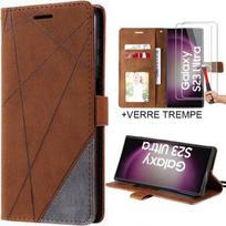 Case for Samsung Galaxy S23 Ultra + 2 Tempered Glasses, Full Shockproof Leather Effect Brown
