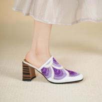 Krazing Pot Mules Cow Skin Spring Summer Size 43 Size 42 Sandals Women High Heels Peacock Pattern Women Round Toe Slip on Pumps 35 violetinė